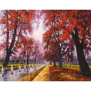 Hanif Shahzad, Nishat Bagh at Autumn View – Jammu Kashmir, 35 x 46 Inch, Oil on Canvas,  Landscape Painting, AC-HNS-088